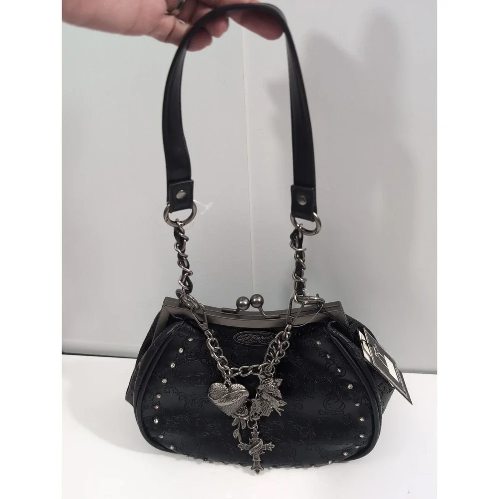 Ed Hardy Black Skull Kiss Lock Shoulder Bag Studded Chain Strap Charm Punk Goth